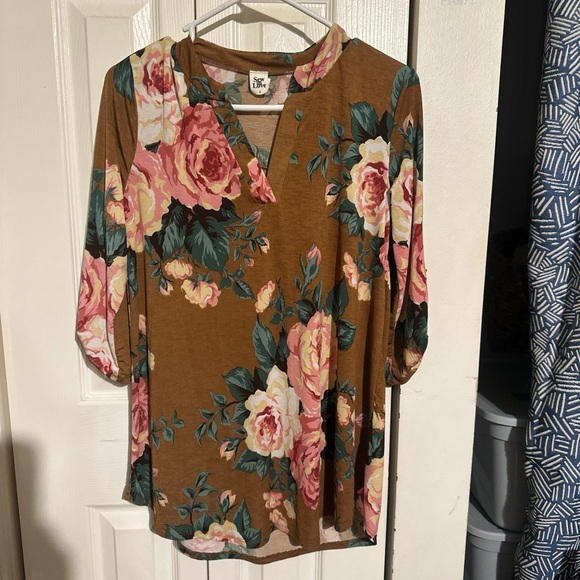 Sew In Love Tops - Sew In Love Mustard Floral V-Neck Tunic with Pink Roses